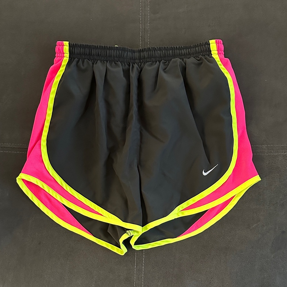 Nike Women's Dri-Fit Tempo Gray Shorts with Pink and Yellow Accents